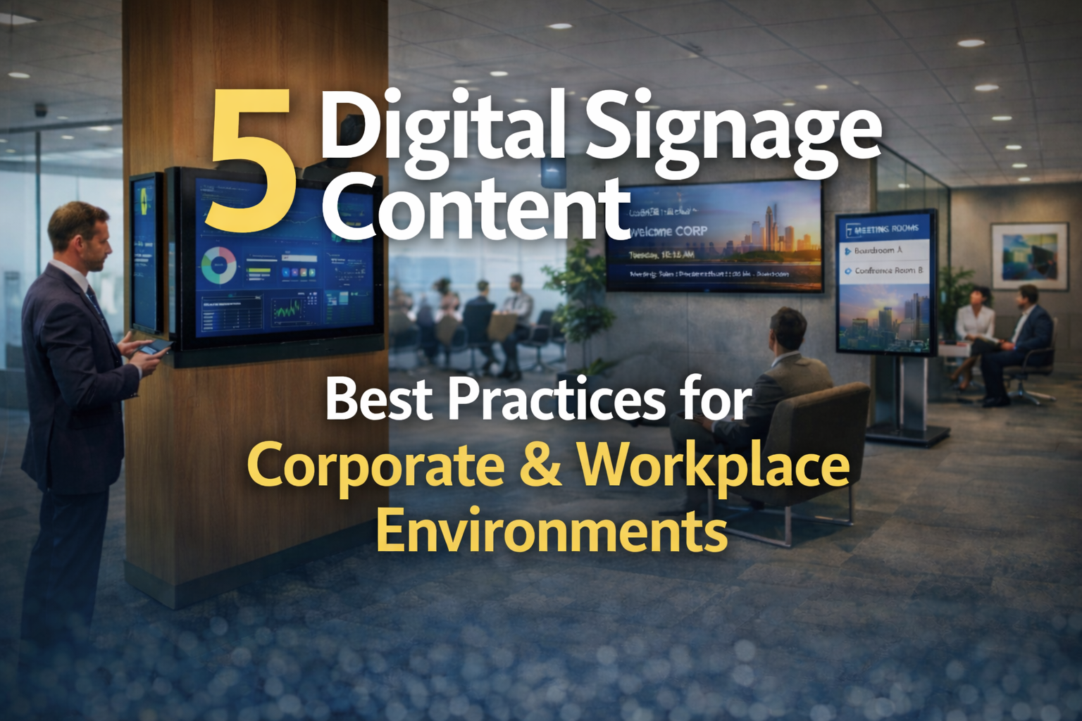 Digital signage displays in a modern corporate office showing meeting rooms, company updates, and data dashboards.