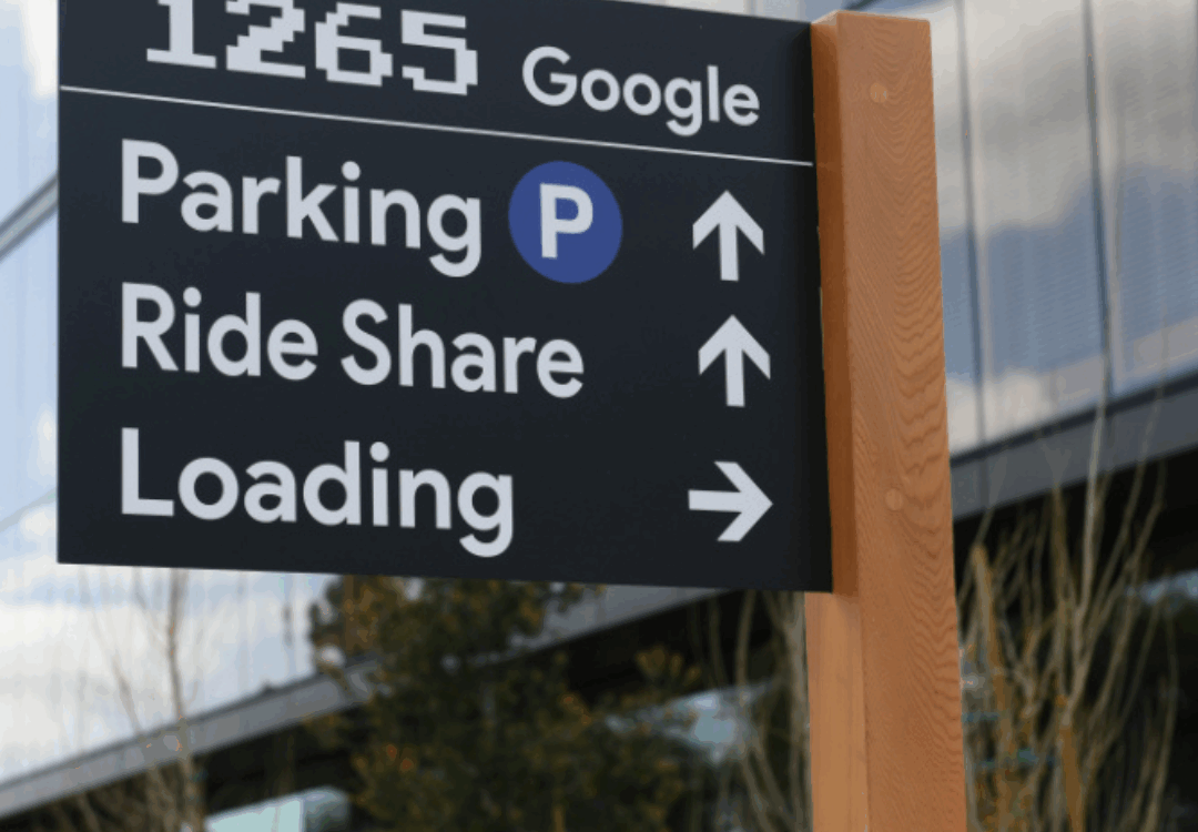 Exterior wayfinding signage at Google’s Sunnyvale campus designed and installed by BLR Visual Communications