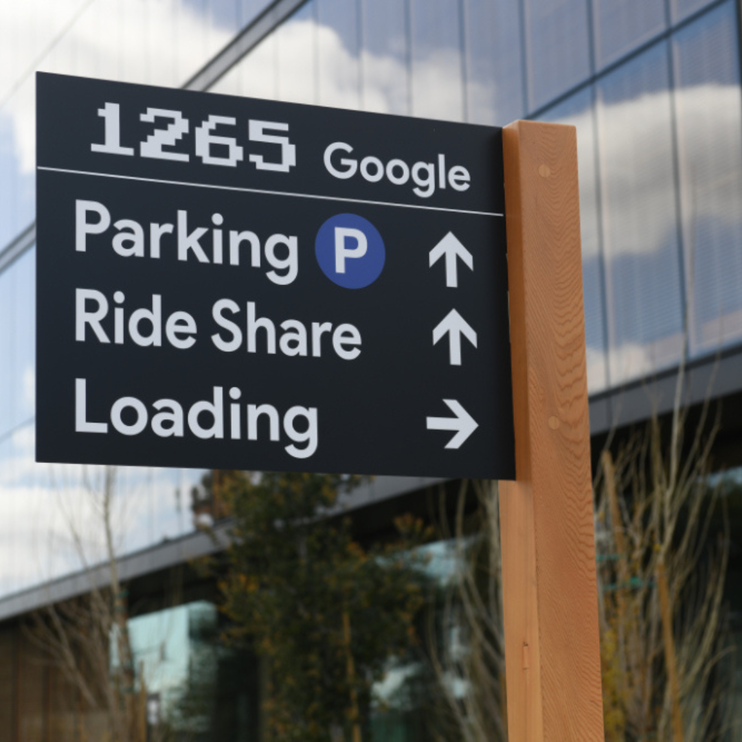 Exterior wayfinding signage at Google’s Sunnyvale campus designed and installed by BLR Visual Communications