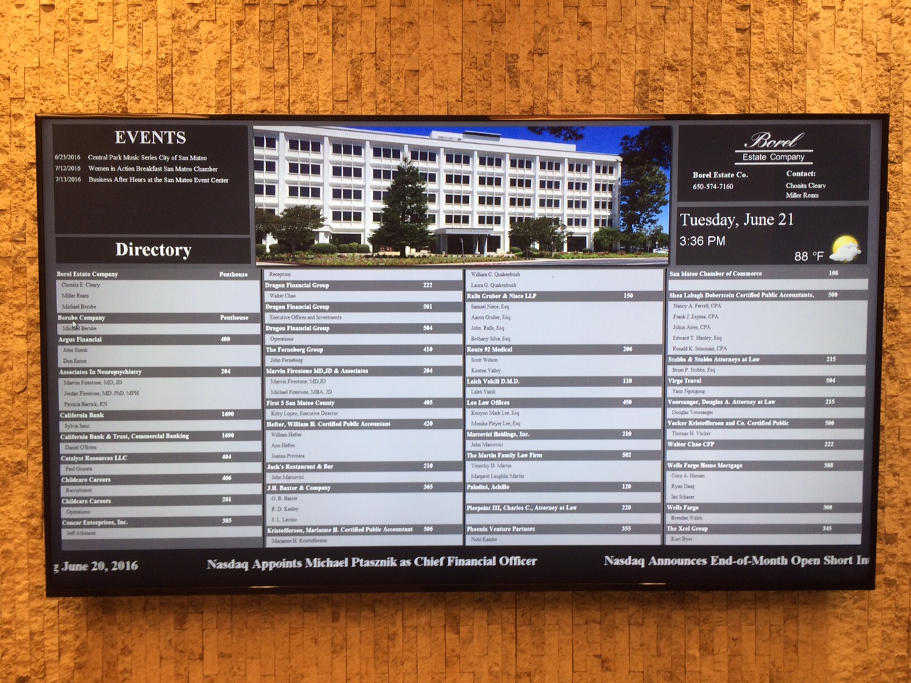 Digital directory signage in Borel Estate Company lobby
