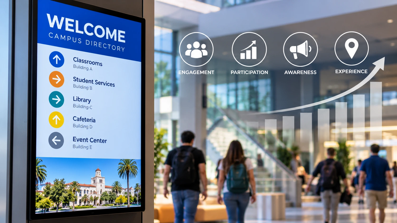 Digital signage display with engagement, participation, awareness, and experience metrics used to measure digital signage ROI