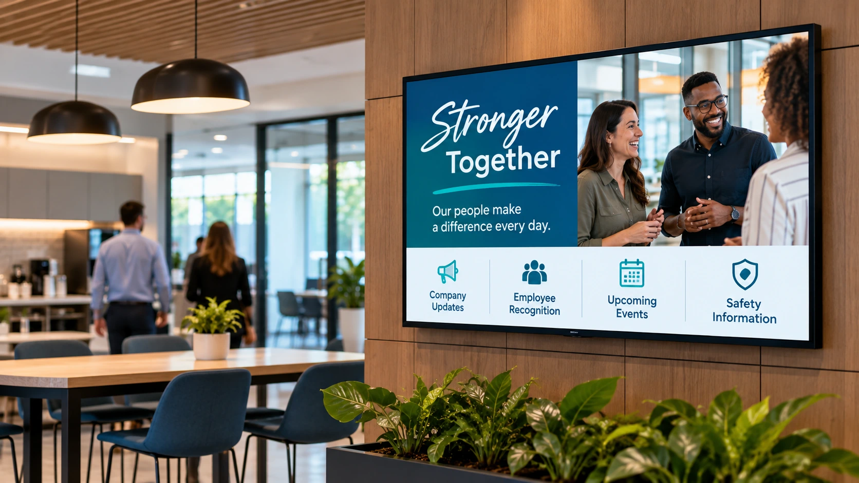 Workplace digital signage displaying company updates, employee recognition, upcoming events, and safety information