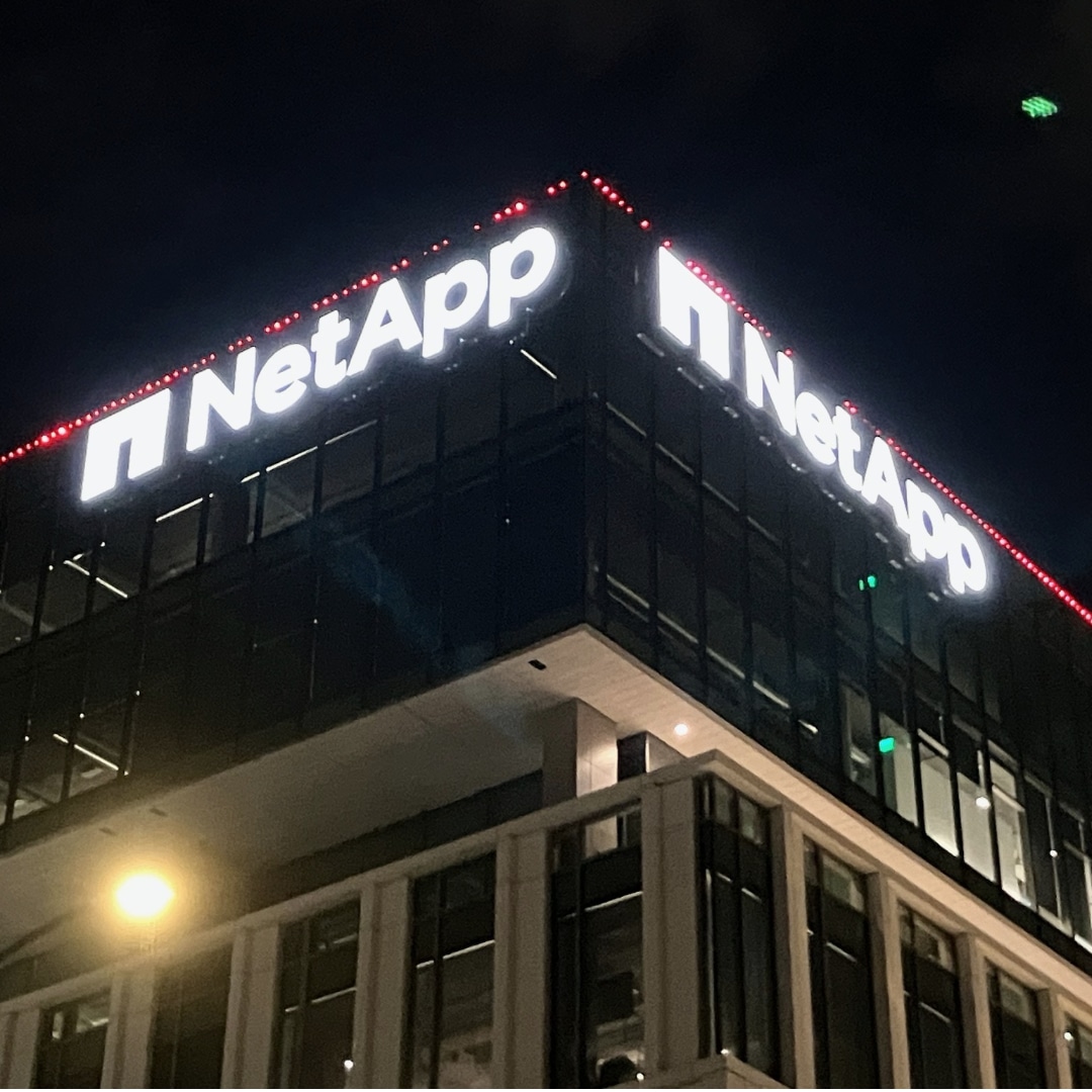 NetApp logo installation on 8 foot tall building, created by BLR