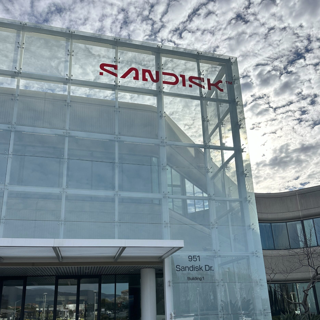 SanDisk's rebrand with exterior custom signage for business with new logo