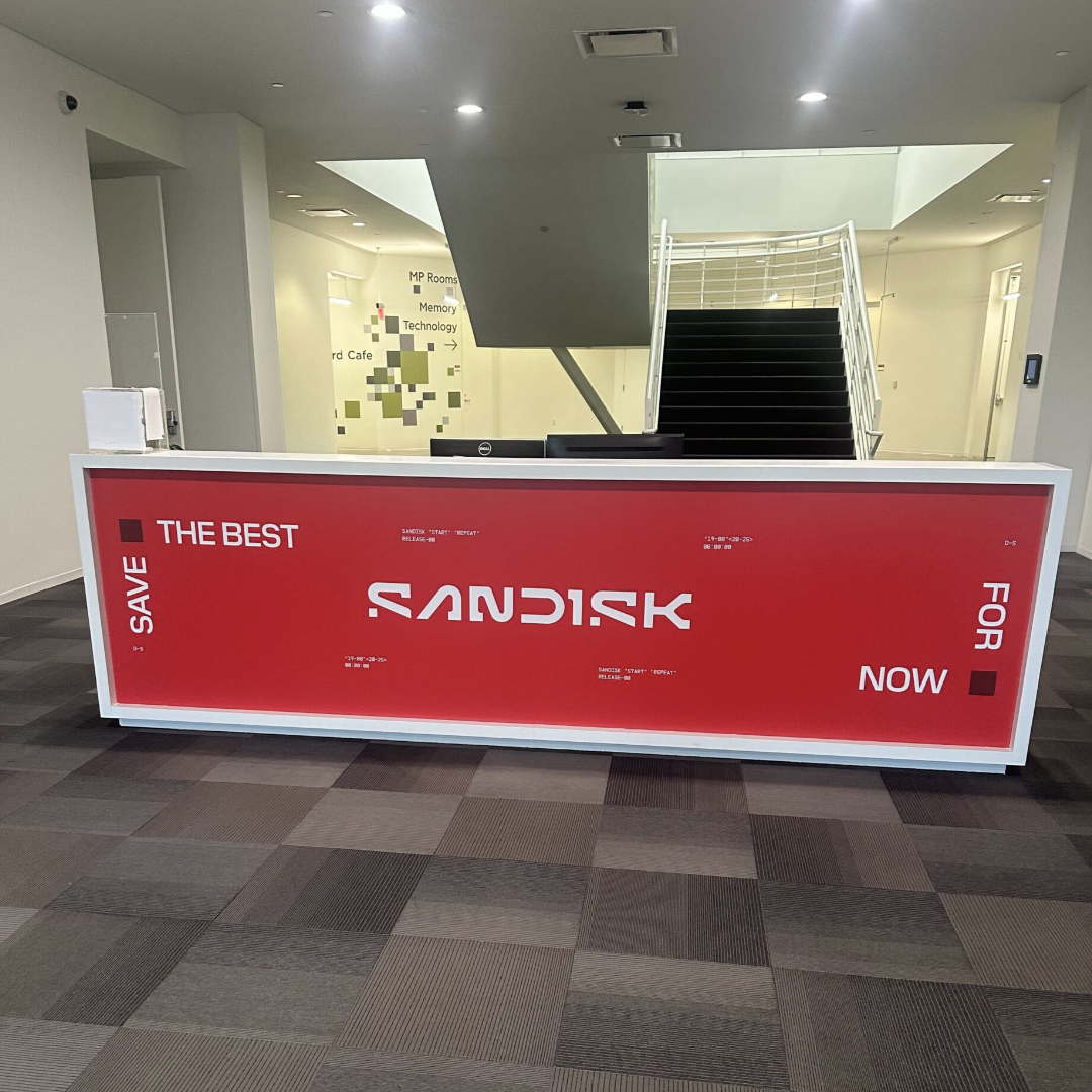 SanDisk's rebrand with interior branding for reception desk by BLR Visual Communications - commercial business signs