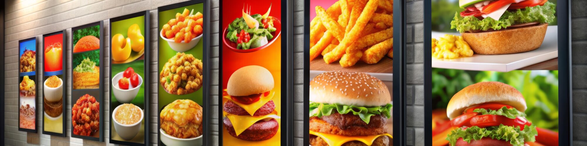 This image showcases a restaurant's digital menu, featuring mouthwatering burgers, fries, and other fast food items, inviting customers to indulge in a tasty meal. This image showcases a restaurant's digital menu, featuring mouthwatering burgers, fries, and other fast food items, inviting customers to indulge in a tasty meal.