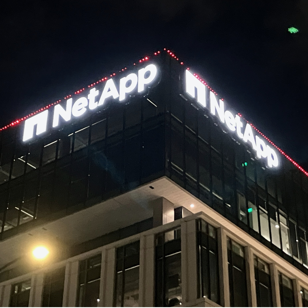 Channel Letter Signs on NetApp Storefront at Night