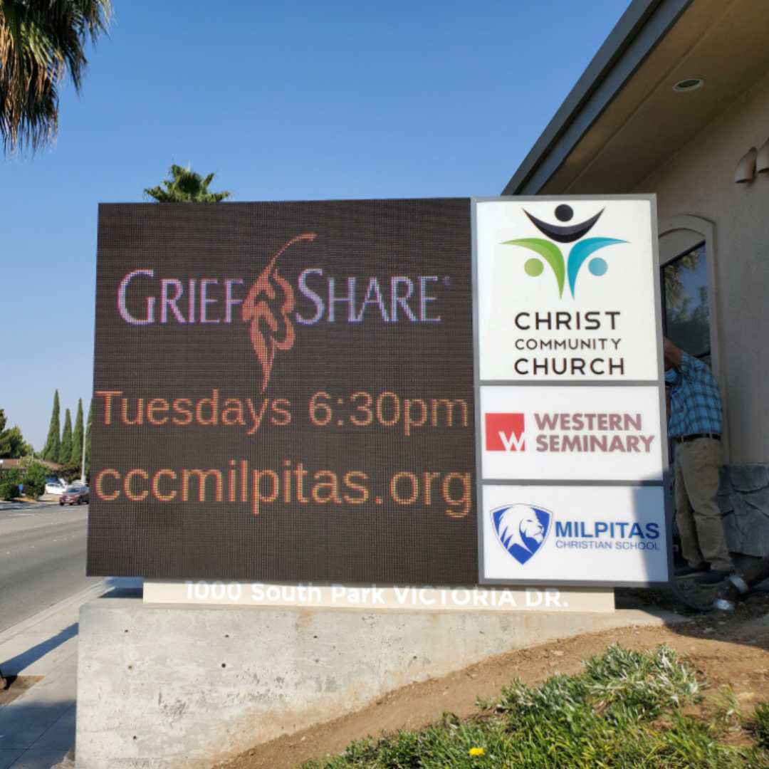 Four-panel LED sign designed and installed by BLR for Christ Community Church in Milpitas