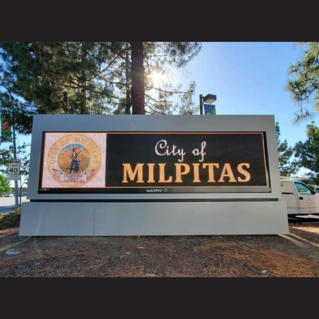 Full-color LED digital sign at Milpitas City Hall designed and installed by BLR Visual Communications, featuring real-time content control