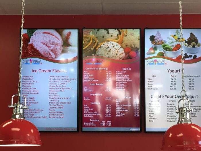 Digital menu board installed by BLR Visual Communications at Sweet Retreat Ice Cream, highlighting flavors and specials with real-time updates