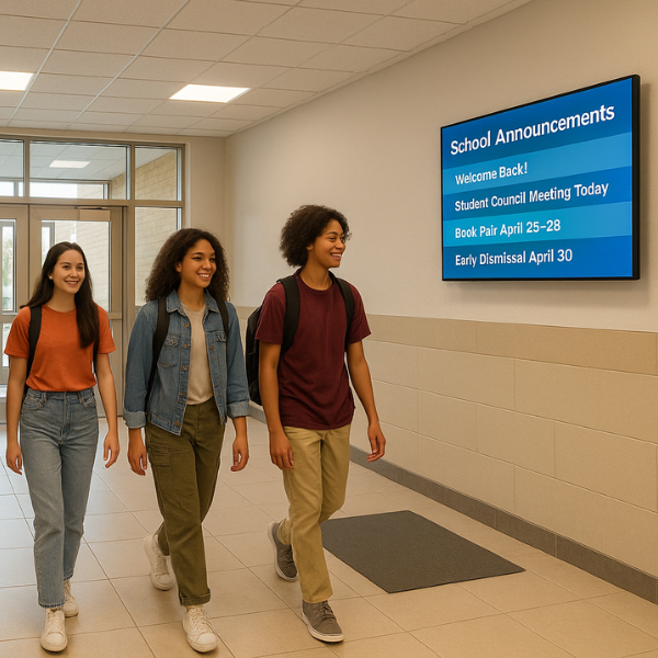 Students walking by digital signage in hallway