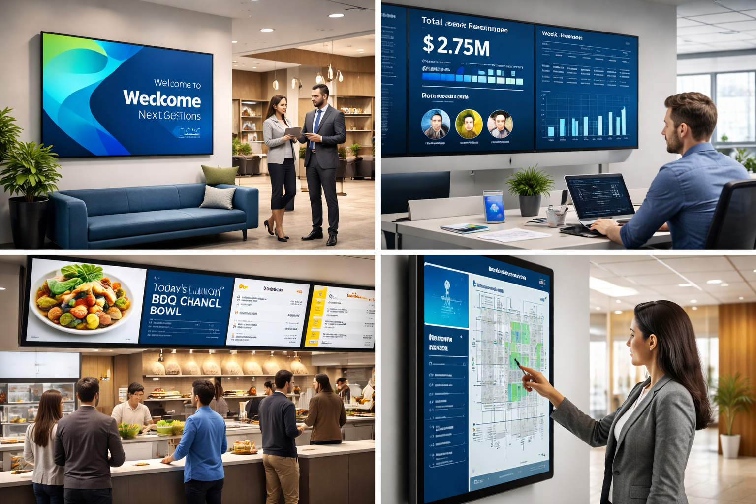 Composite image showing digital signage in a corporate workplace, including lobby welcome screens, performance dashboards, cafeteria menu boards, and interactive directories used for employee communication and wayfinding.