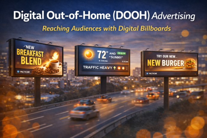 Digital out-of-home advertising displays shown across public spaces including transit stations, kiosks, and digital billboards