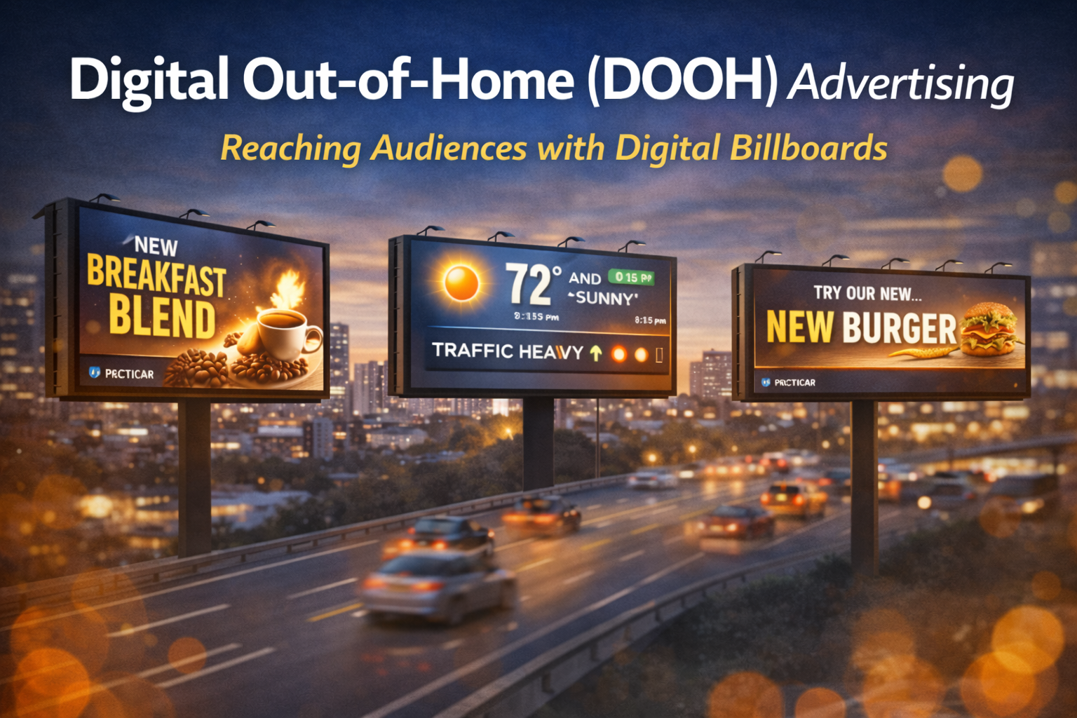 Digital out-of-home advertising displays shown across public spaces including transit stations, kiosks, and digital billboards