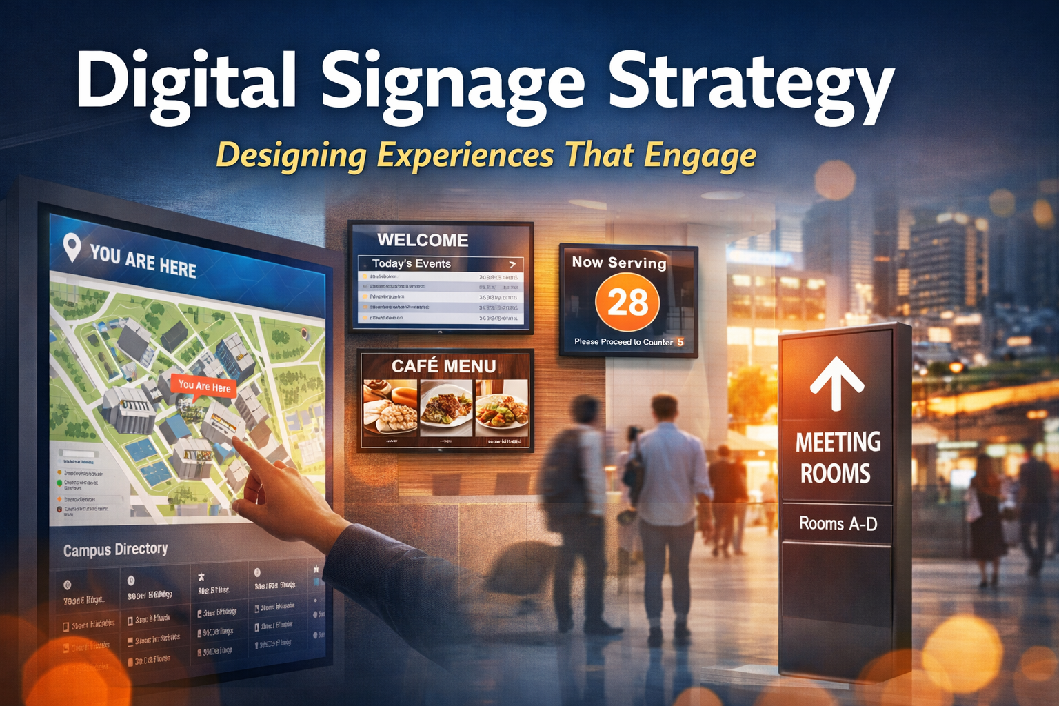 Digital signage strategy showing interactive wayfinding, corporate displays, and integrated digital screens in a modern workspace