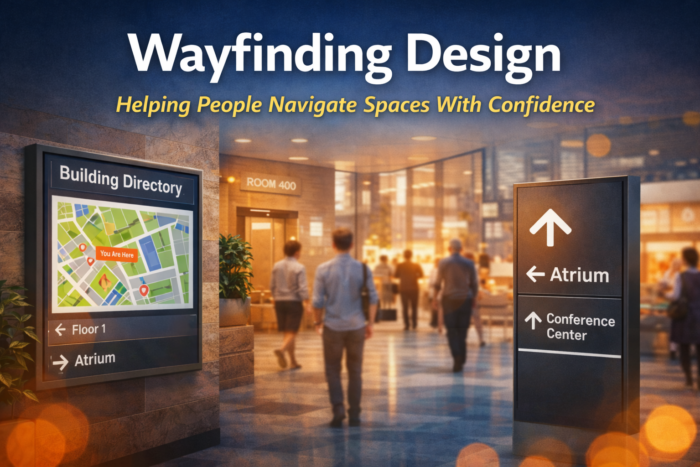 Wayfinding design helping people navigate a modern building using coordinated directional signage and digital directories