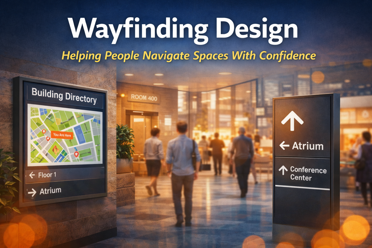 Wayfinding design helping people navigate a modern building using coordinated directional signage and digital directories