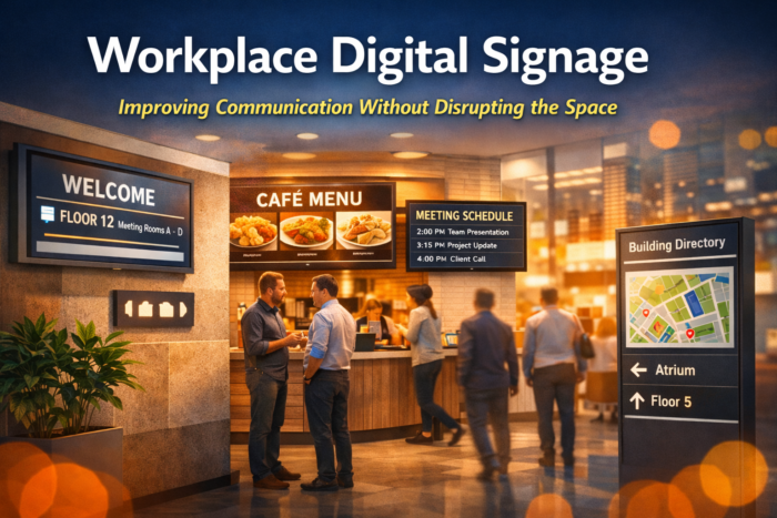 Workplace digital signage supporting internal communication and office branding in a modern corporate space