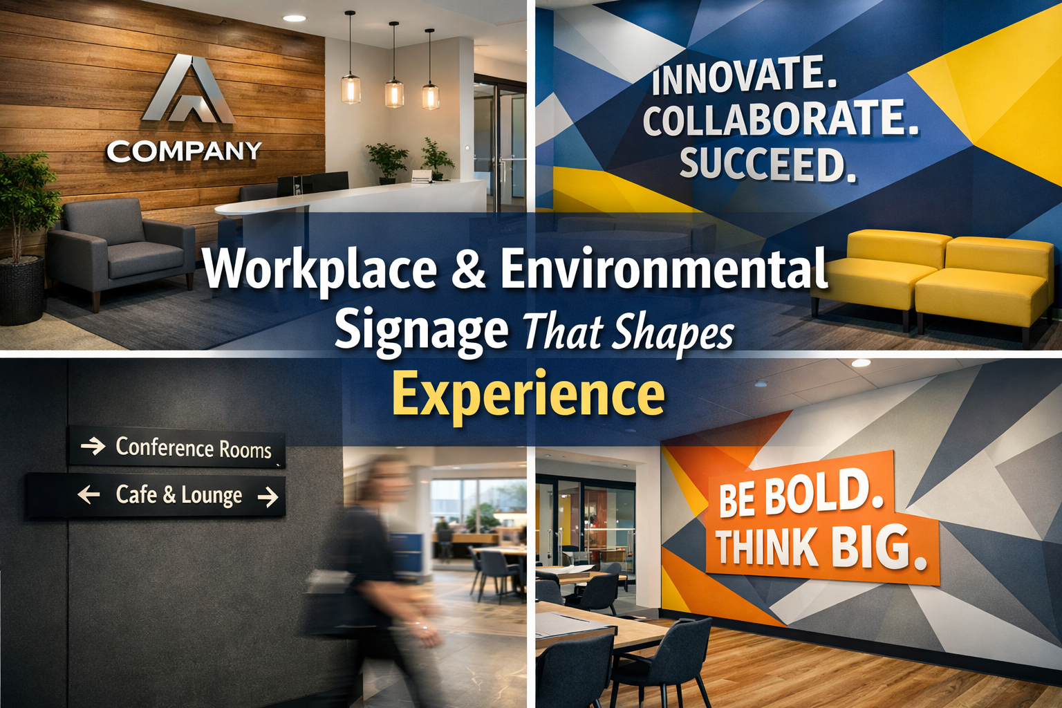 Composite graphic showing modern workplace and environmental signage, including lobby branding, directional wayfinding signs, wall graphics, and experiential signage designed to shape employee and visitor experience.