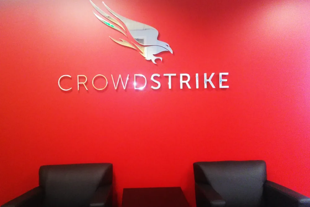 CrowdStrike office lobby wall sign by BLR Visual Communications