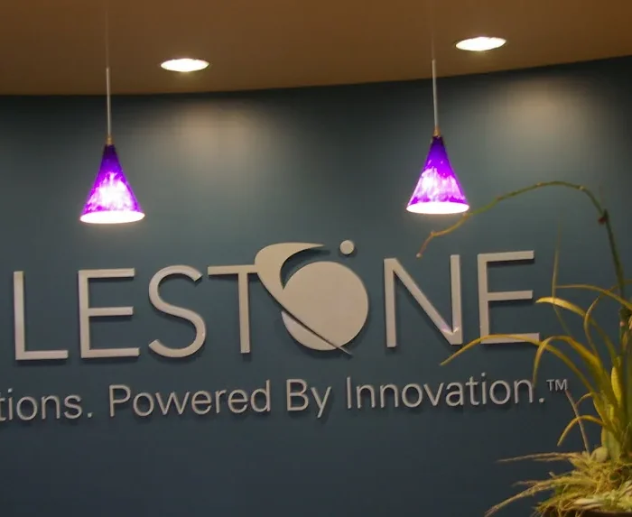 Milestone office lobby sign by BLR Visual Communications
