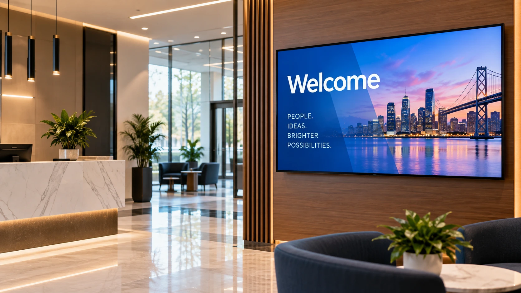 Digital lobby sign displaying welcome messaging in a modern corporate reception area